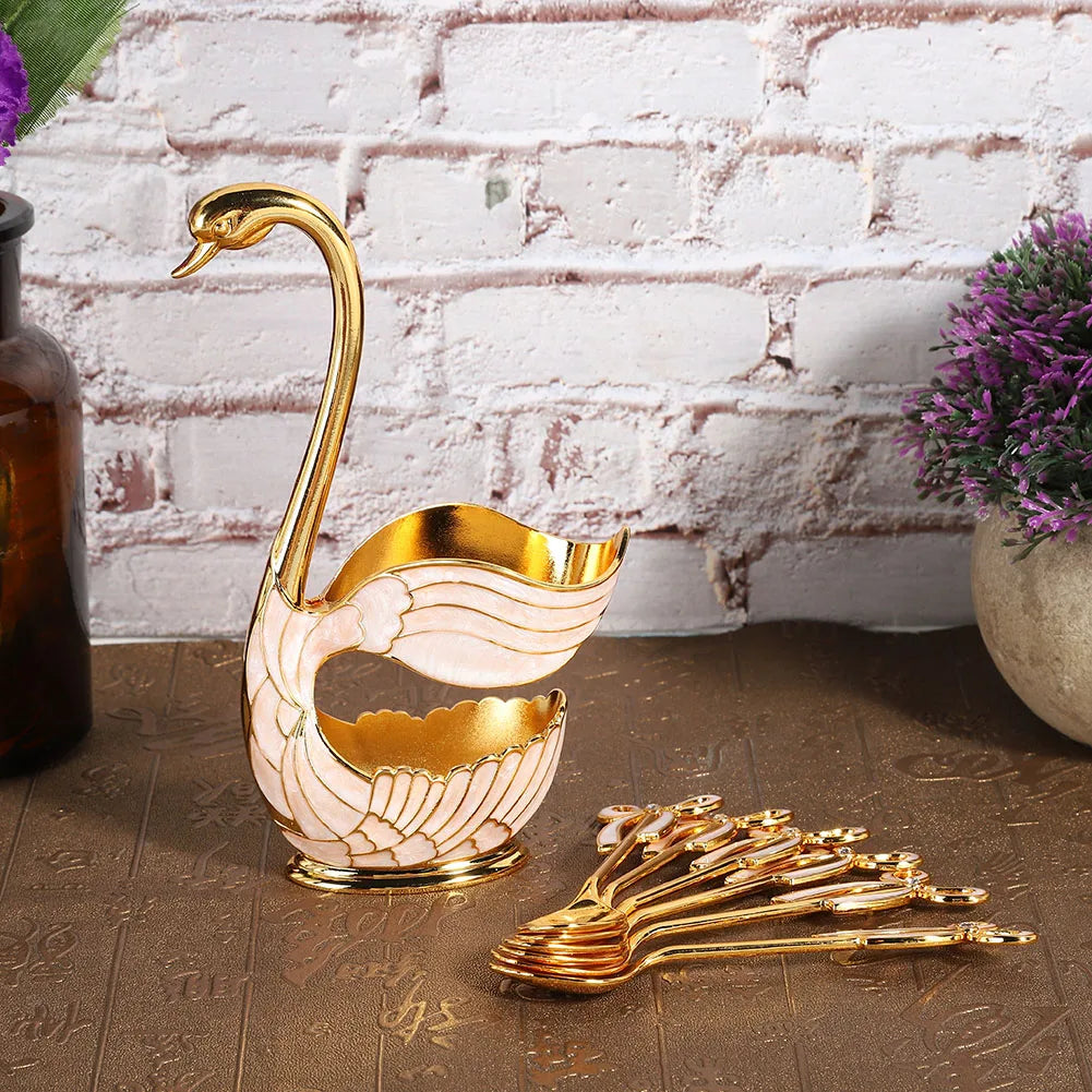 Coffee Dessert Spoon Set European  Elegant Swan Fruit Scoop Holder Decorative Tableware Coffee Spoon Stand Kit Table Decor