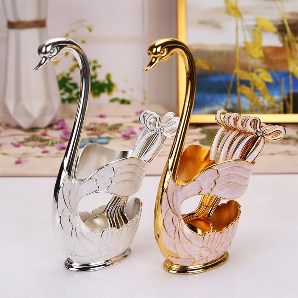 Coffee Dessert Spoon Set European  Elegant Swan Fruit Scoop Holder Decorative Tableware Coffee Spoon Stand Kit Table Decor